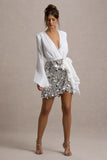 Norah White Chiffon Plunge-Neck Wrap Mini Dress With Sequin Skirt