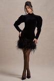 Issa Black Velvet Long-Sleeve Mini Dress With Feather Trim