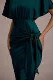 Mika Bottle Green Satin Short-Sleeve Wrap Maxi Dress