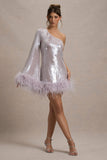 Free Soul Lilac Sequin One-Shoulder Feather Trim Mini Dress