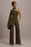 Fenix Khaki Asymmetric Cape-Sleeve Straight-Leg Jumpsuit