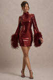 Cupid Port Sequin High-Neck Mini Dress With Feather Cuffs