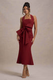 Aman Berry Halter-Neck Midi Dress With Oversized Bow