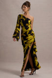Sevilla Mustard Print Satin Jacquard One Sleeve Ruffled Split Maxi Dress