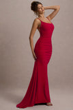 Adele Red Ruched Fishtail Cami Maxi Dress