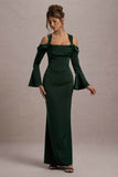 Heartthrob Green Satin Draped Bardot Maxi Dress