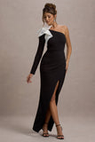 Philomena Black One-Sleeve Split Maxi Dress With White Bow