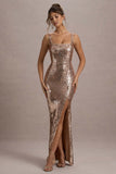 High Life Rose Gold Sequin Square Neck Split Front Maxi Dress
