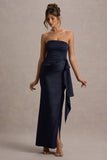 Loz Navy Satin Bandeau Draped Maxi Dress