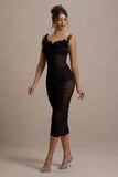 Jesi Black Mesh Ruched Midi Dress With Ruffles