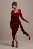 Arcadia Berry Velvet Plunge-Neck Wrap Midi Dress