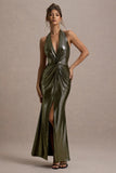 Carana Gold Plunge-Neck Knotted Split Maxi Dress