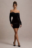 Gilda Black Velvet Bardot Long-Sleeve Mini Dress