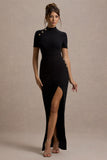 Claudetta Black High-Neck Short-Sleeve Split Maxi Dress