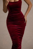 Cora Berry Velvet Square-Neck Bodycon Midi Dress