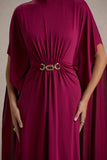 Olessia Burgundy Belted Gathered Cape-Sleeve Maxi Dress