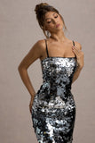 Azure Silver Sequin Strappy Midi Dress