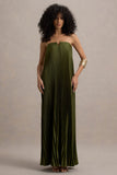 Bergamot Olive Satin Sweetheart Maxi Dress
