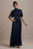 Audley Navy Satin High-Neck Flutter-Sleeve Maxi Dress