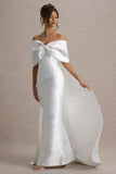 Wanting More Off White Satin Cape Maxi Dress With Oversized Bow