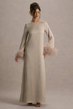 Adella Champagne Satin Feather-Trim Maxi Dress
