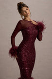 Afterglow Port Sequin Long-Sleeve Midi Dress With Feather Trims