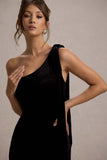 Jillian Black Velvet Asymmetric Maxi Dress With Bow Strap