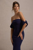 Alaine Navy Bardot Maxi Dress With Bow Sleeves