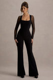 On Track Black Flared-Leg Jumpsuit With Sheer Sleeves
