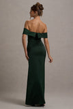 Martine Bottle Green Satin Bardot Wrap Maxi Dress
