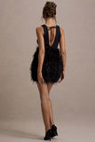 Flirt Black Plunge Front Mini Dress With Feather Skirt