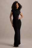 Lorenza Black High-Neck Ruched Maxi Dress With Draped Skirt