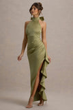 Maureen Light Green Satin High-Neck Draped Maxi Dress