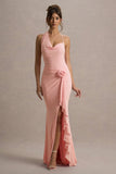 Lucena Pink Cowl-Neck Wrap Maxi Dress With Floral Drape