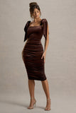 Tarna Brown Velvet Midi Dress With Bow Straps