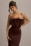 Dress For It Brown Satin Feather Trim Bandeau Maxi Dress