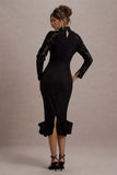 Chandra Black Mesh Long-Sleeve Midi Dress With Ruffle Hem