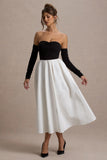 Solada Black & Cream Bardot Pleated Midi Dress