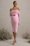 Adita Blush Pink Mesh Floral Bardot Maternity Midi Dress