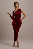 Northern Light Berry Velvet Asymmetric One-Sleeved Midi Dress