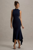Janice Navy High-Neck Hanky-Hem Maxi Dress