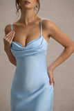 Eimear Powder Blue Satin Draped Sweetheart Maxi Dress