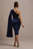 Gianna Navy Velvet One Shoulder Cape Bodycon Midi Dress