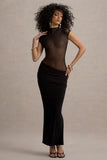 Asia Black Sheer Short-Sleeve Draped Maxi Dress