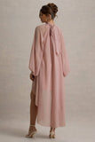 Delphia Pale Pink High-Neck Maxi Dress With High-Low Hem