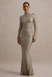Galaxy Champagne Sequin Turtle-Neck Long-Sleeve Maxi Dress