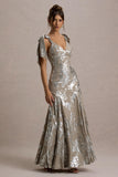 Lula Champagne Metallic Plunge-Neck Maxi Dress With Bow Straps