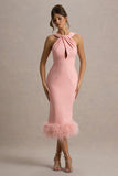 Titania Pink Twist-Neck Feather Hem Midi Dress