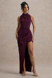 Hayden Burgundy High-Neck Draped Split Maxi Dress