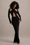 Gita Black Halter-Neck Long-Sleeve Maxi Dress